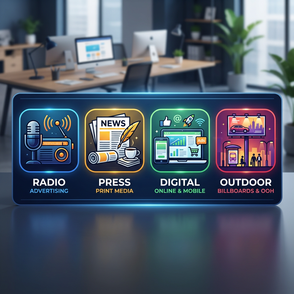 Icons representing radio advertising, print media press, digital online and mobile ads, and outdoor billboards and out-of-home advertising