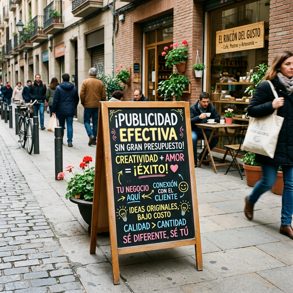 Street sign with colorful Spanish text about effective and affordable advertising